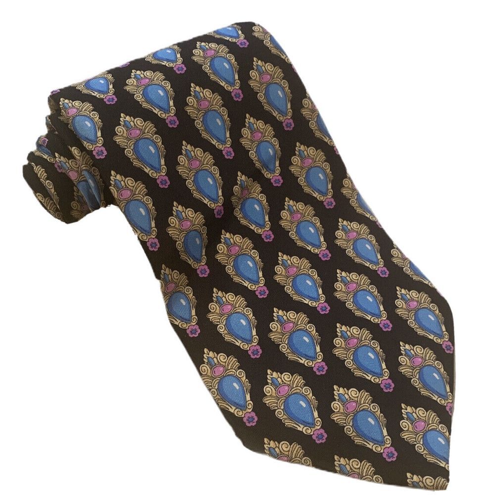 Leonard Paris Men's Black/Blue Jewels 100% Silk Tie Made In Italy‎ 3.75" Mint